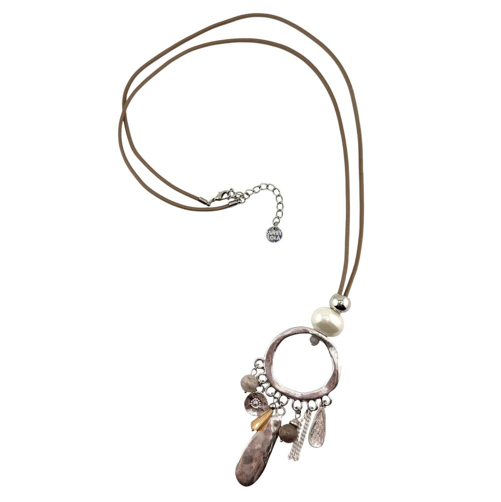 Sweet Lola Boho Charms Beads Pendant Silver Tone Brown Cord 34" Fashion Necklace